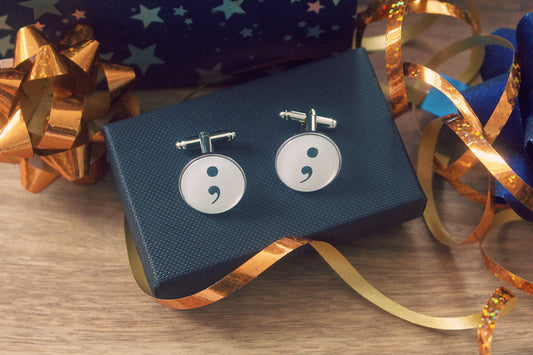 Semicolon cufflinks. Punctuation jewellery. Unfinished. Suicide prevention. Mental health. Symbol. Wedding suit. Semi colon.