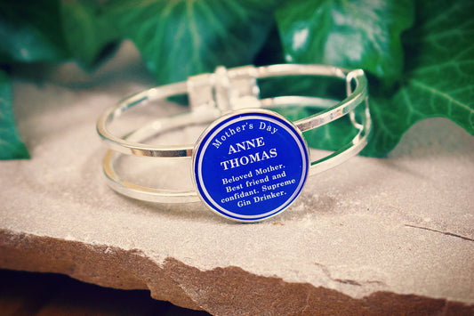 Mothers Day Blue Plaque Bracelet. Bronze or Silver Cuff. Personalised message. English. British. Mum. Mummy. Granny. Heritage.