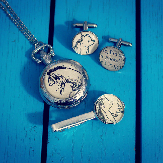 Recycled Book Pocket Watch. Vintage comic / childrens book. Winnie the Pooh. Tom & Jerry. Gift for him. Cufflinks Tie Bar Pocket Watch set.