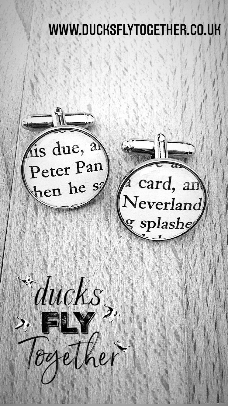Peter Pan recycled book page cufflinks. Upcycled gift. Captain Hook. Lost Boys. Neverland. Vintage book. Wedding cufflinks. Groomsmen. Dad