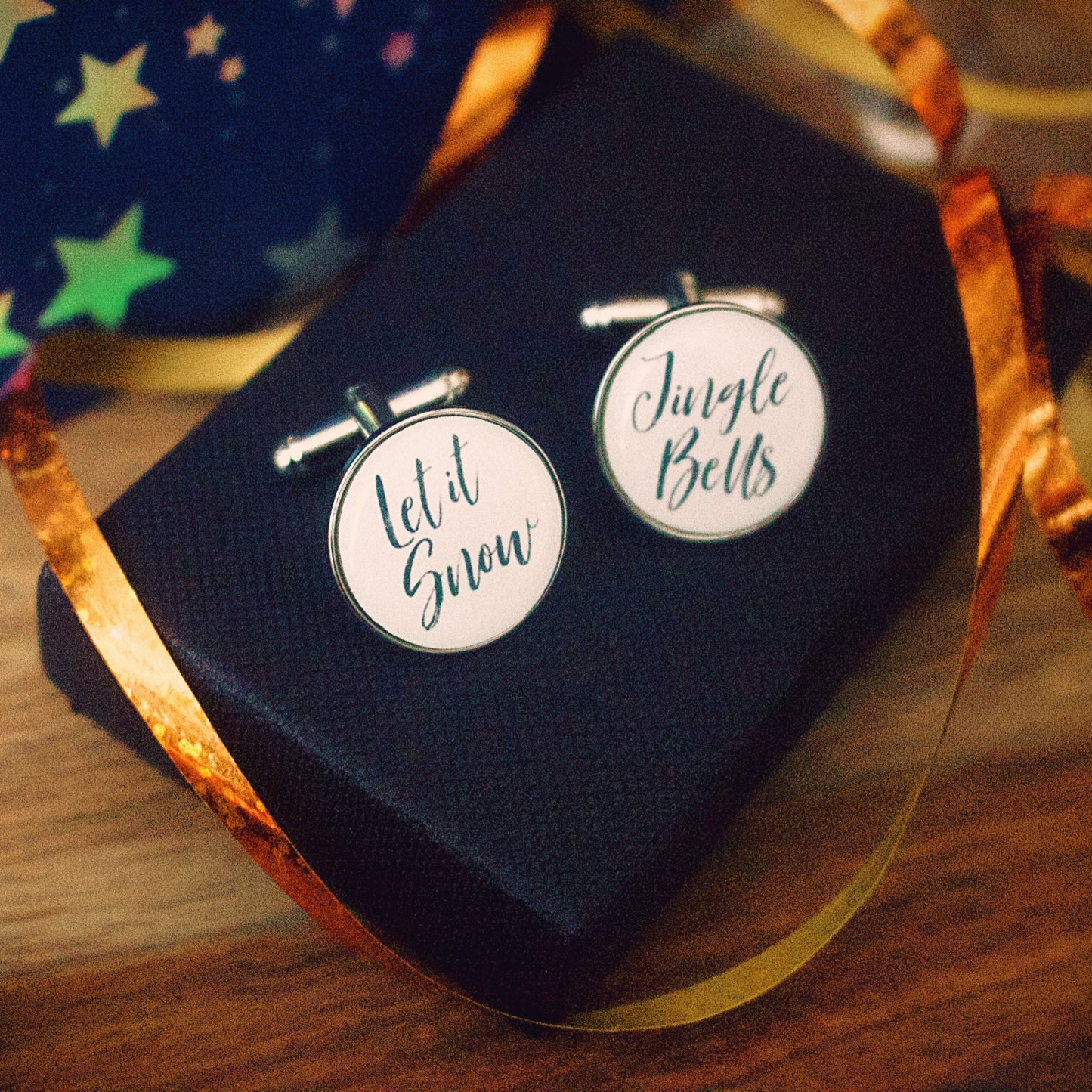 Christmas Carol Cufflinks. Personalised Xmas party jewellery. Song lyrics. Jingle Bells. Silent Night. Let it Snow. Baby its cold outside