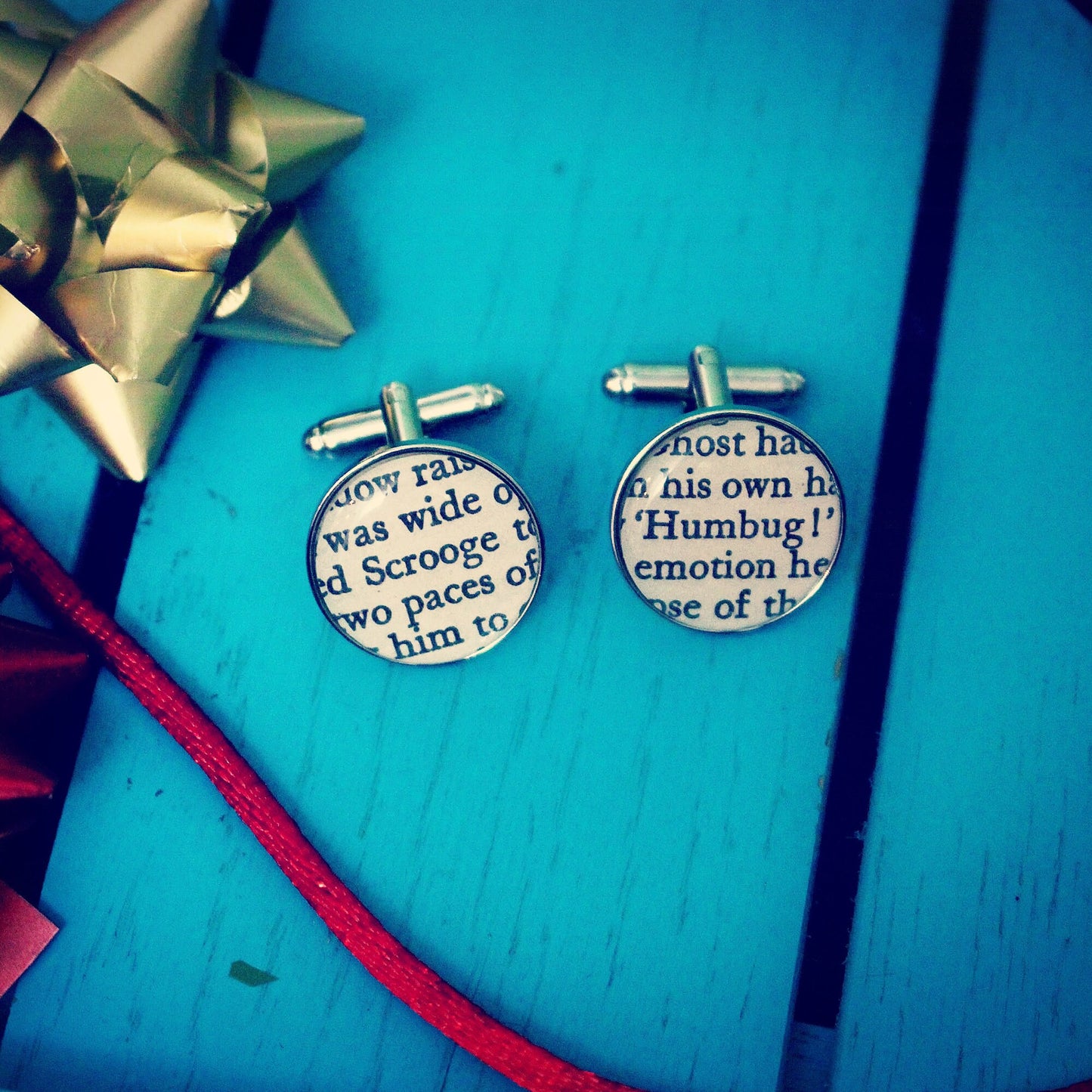 Scrooge cufflinks! Christmas Carol recycled book gift. Grinch. Ebenezer. Muppets. Charles Dickens. Novelty Xmas gift for him. Bah Humbug!