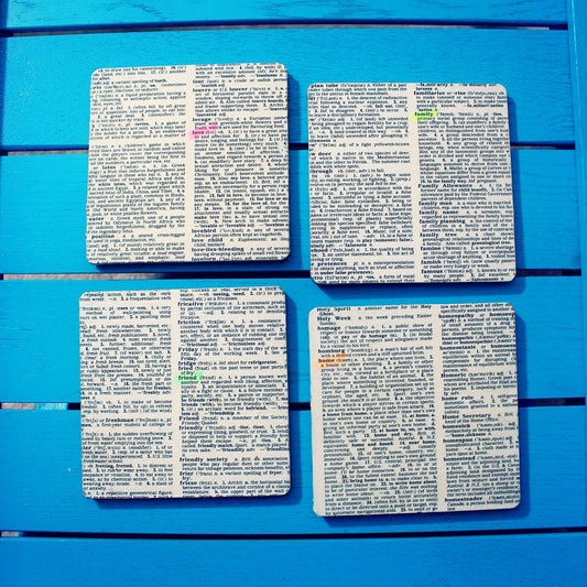 Dictionary definition coasters. Meaningful words. LOVE HOME FAMILY friendship courage. Recycled book gift. Vintage home decor. Home office