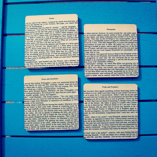 Recycled Jane Austen coasters. Pride & Prejudice, Sense and Sensibility, Persuasion. Book lover. Mr Darcy. Home office. Literature. Vintage.
