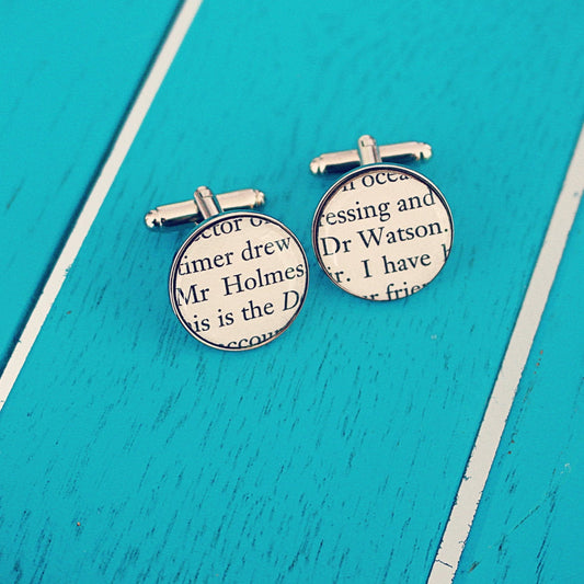 Sherlock Holmes cufflinks. Recycled book page. Charity shop vintage book. Holmes Watson. Book lover Literature Gift. Groom Wedding cufflinks