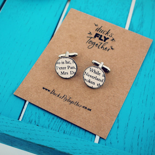 Peter Pan recycled book page cufflinks. Upcycled gift. Captain Hook. Lost Boys. Neverland. Vintage book. Wedding cufflinks. Groomsmen. Dad