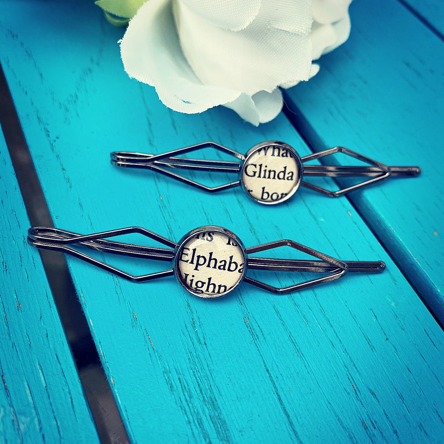 Recycled Elphaba Glinda Wicked hairpins. Vintage style hair clips. Musical Theatre gift. Book lover. Mothers Day Gift. Gift for Mum.