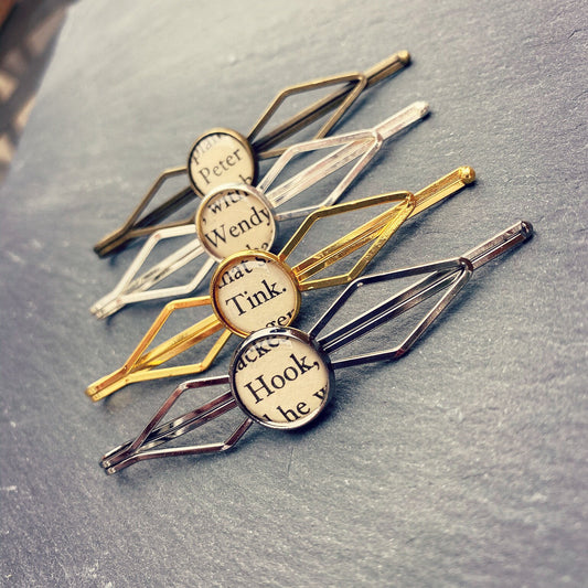 Recycled Peter Pan Hairpins. Vintage hair clips. Captain Hook Tinkerbell Tink. Book lover gift.  Peter Wendy. Mothers Day Gift. Gift for Mum
