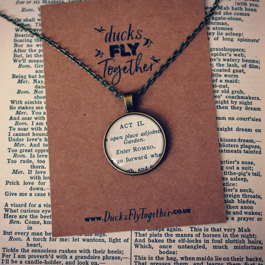 Shakespeare necklace. Recycled book pendant. Shakespeare quotes. Theatre lover. Romeo & Juliet Midsummer Nights Dream. Vintage upcycled gift