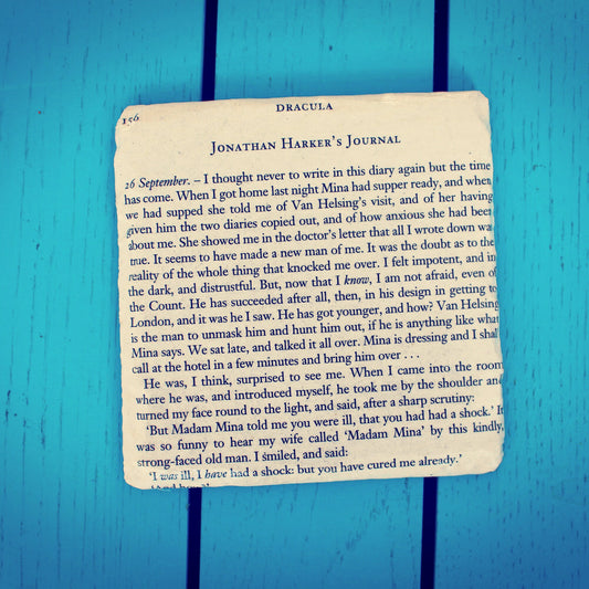 Set of 4 Recycled Dracula book page coasters. Book Lover. Van Helsing. Housewarming gift. Vampire fan. Vintage book present. Literature gift