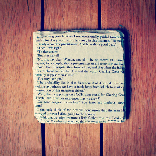 Set of 4 Recycled Sherlock Holmes book page coasters. Dr Watson. Vintage book lover. Housewarming gift. Themed wedding Moriarty Baker Street