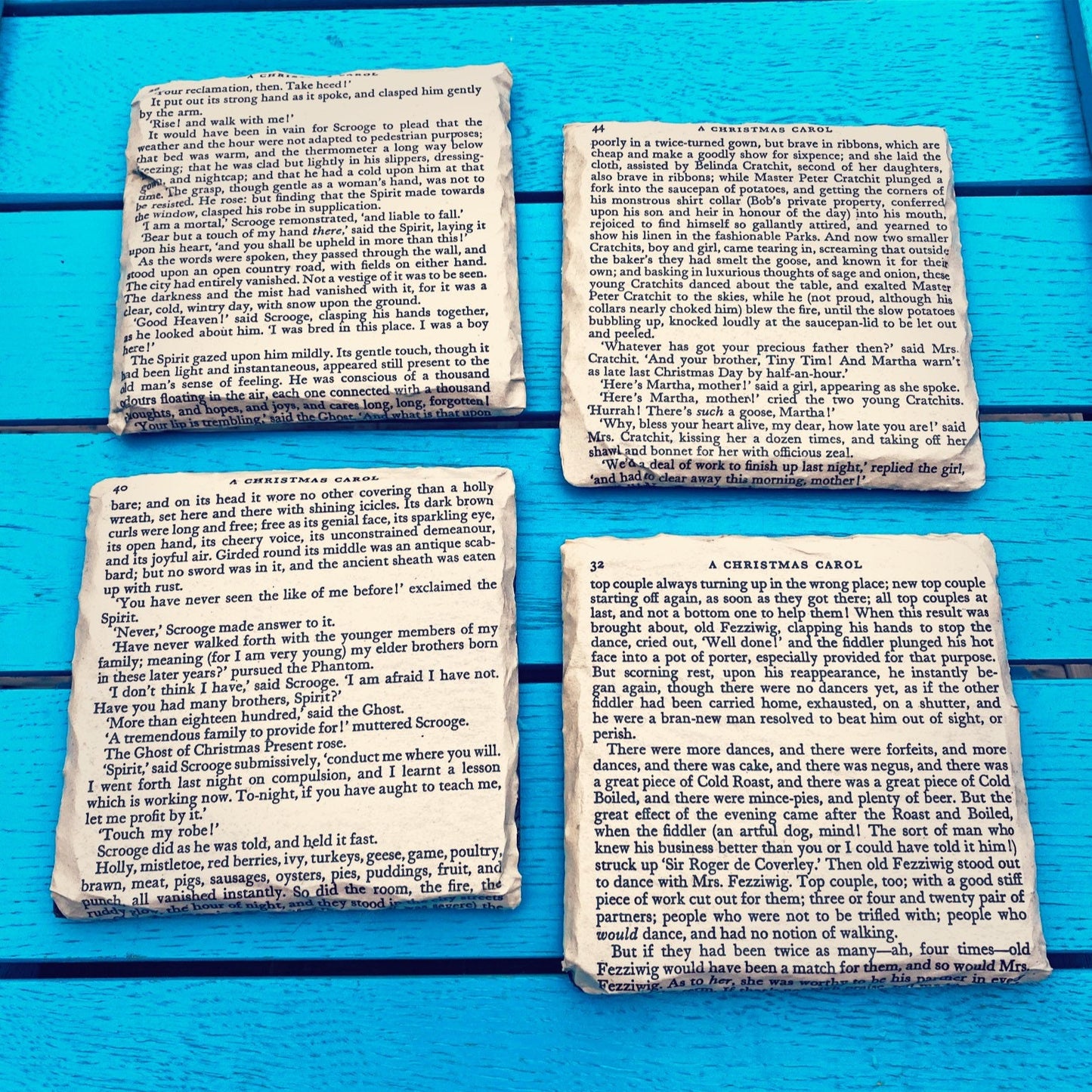 Vintage A Christmas Carol Coaster set. Ebenezer Scrooge. Charles Dickens gift. Set of 4 unique place mats. Recycled book page decor. Office