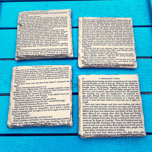 Vintage A Christmas Carol Coaster set. Ebenezer Scrooge. Charles Dickens gift. Set of 4 unique place mats. Recycled book page decor. Office