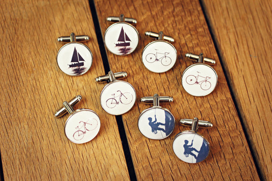 Hobbies Cufflinks Sailing Cycling Rock Climbing. Bicycle Boat Mountain climber. Monochrome wedding groom Gift for him. Manly. Bike. Sailor