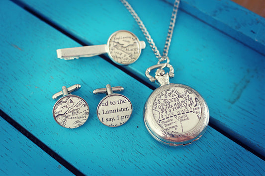 Recycled Book Page Cufflinks Tie Bar Pocket Watch. Game of Thrones Westeros Map. Winter is Coming Valar Morghulis Night's Watch House Stark