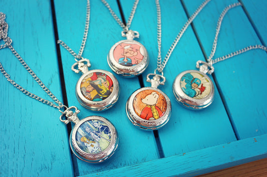 Recycled vintage comic book jewellery for men. Cufflinks Pocket Watch Tie Bar Groomsmen gift for him. Popeye Rupert Bear Superhero cartoon