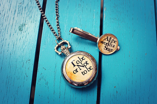 Shakespeare Quote Pocket Watch Tie Bar. Gift set for men. Theatre lover. Literature. Hamlet Macbeth Midsummer Nights Dream Romeo & Juliet.