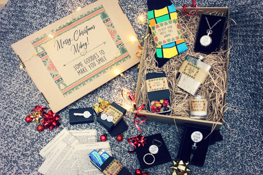 Christmas Gift Box for Him. Xmas hamper for men. Masculine presents. Hip flask. Festive socks. Personalised boyfriend husband brother dad