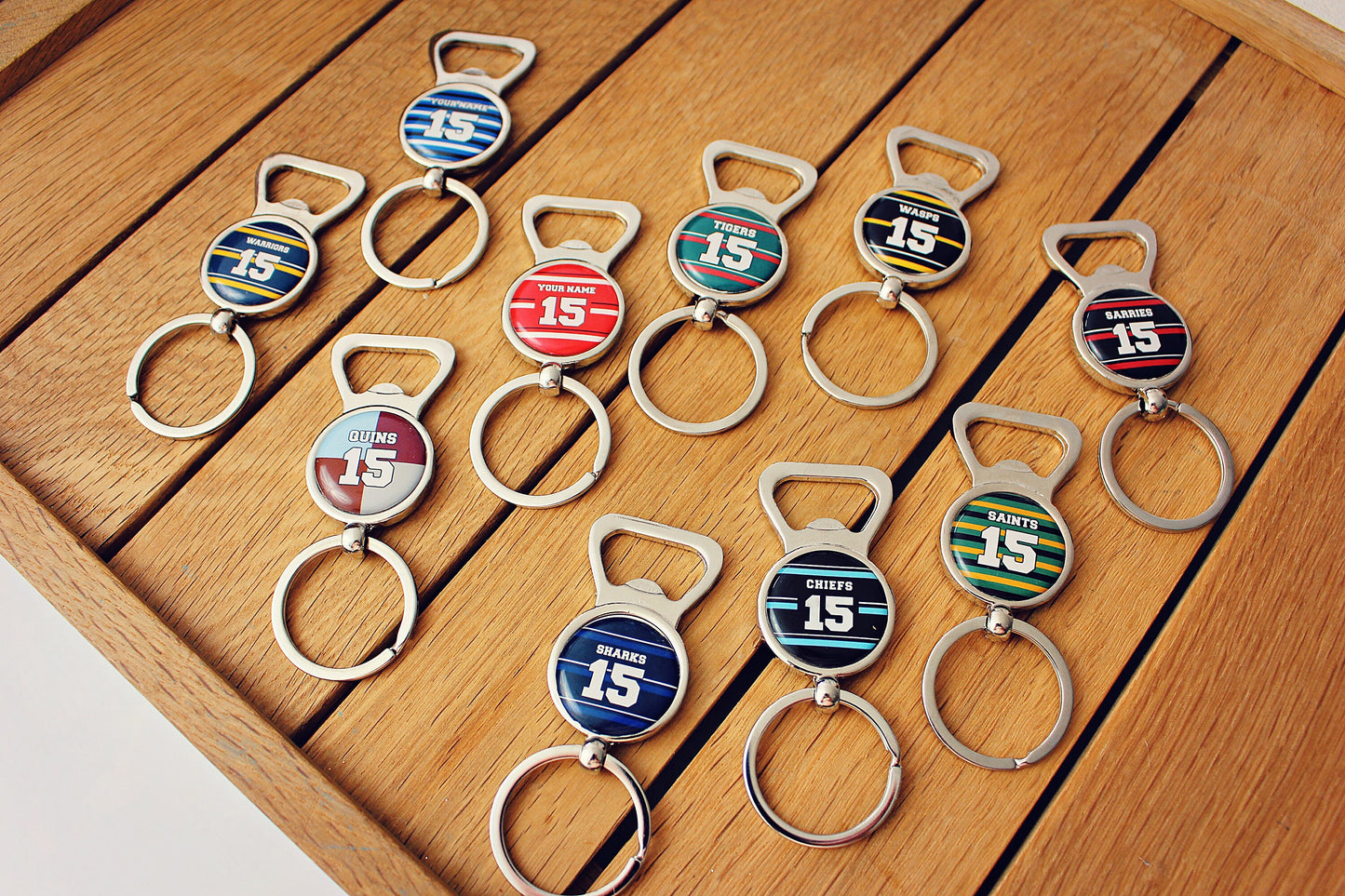 Rugby Team Colours Bottle Openers Your team shirt with name and number Personalised sports jersey jewellery Gift for rugby union fan Alcohol