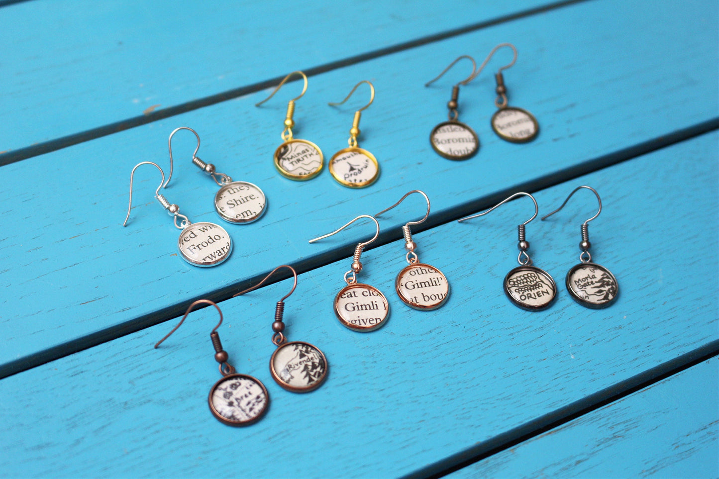 Recycled Book Page Earrings. Lord of the Rings Hobbit. Middle Earth Map. Bridesmaids. Fellowship Aragorn Legolas Boromir Frodo Gandalf Gimli