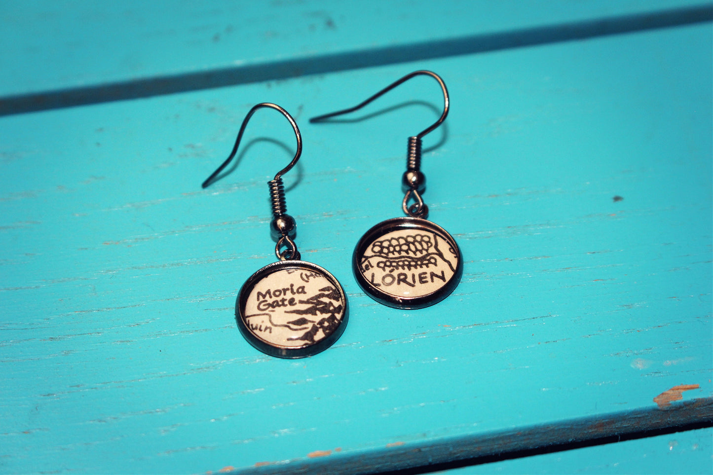 Recycled Book Page Earrings. Lord of the Rings Hobbit. Middle Earth Map. Bridesmaids. Fellowship Aragorn Legolas Boromir Frodo Gandalf Gimli