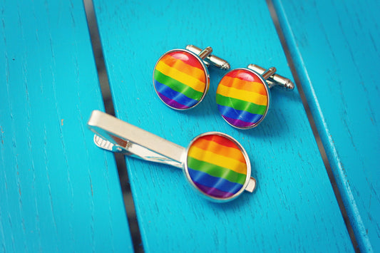 Rainbow Flag Cufflinks Tie Clip LGBTQ+ Ally. Pride flag Gift for him Wedding jewellery Groom Gay wedding Mr & Mr. Same sex. Equality Support