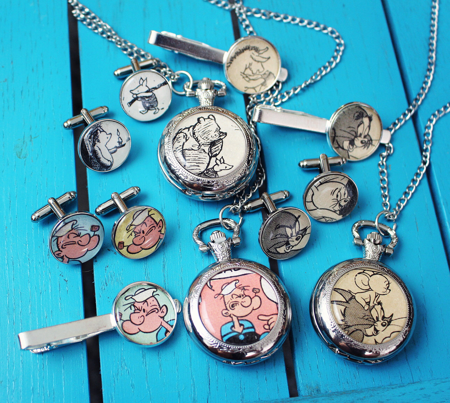 Recycled vintage comic book jewellery for men. Cufflinks Pocket Watch Tie Bar Groomsmen gift for him. Popeye Rupert Bear Superhero cartoon
