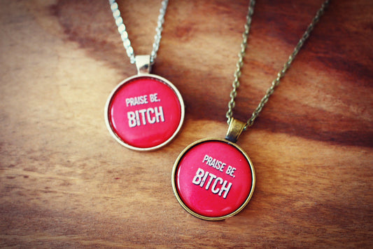 Handmaids Tale Inspired Necklace. Praise Be Bitch. Nolite te bastardes carborundorum. Offred. Blessed Day. Margaret Atwood. Red Pendant.