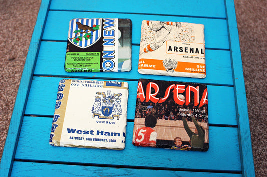 Upcycled Football Programme Coasters. Vintage Soccer Gift Unique Memento Iconic sports events match World Cup Final Premiership Football fan