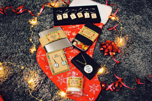 Filled Christmas Stockings for him and her Pre Stuffed Xmas Stocking Hip flask Socks Jewellery Sweets Bottle Opener Stopper Stocking Filler