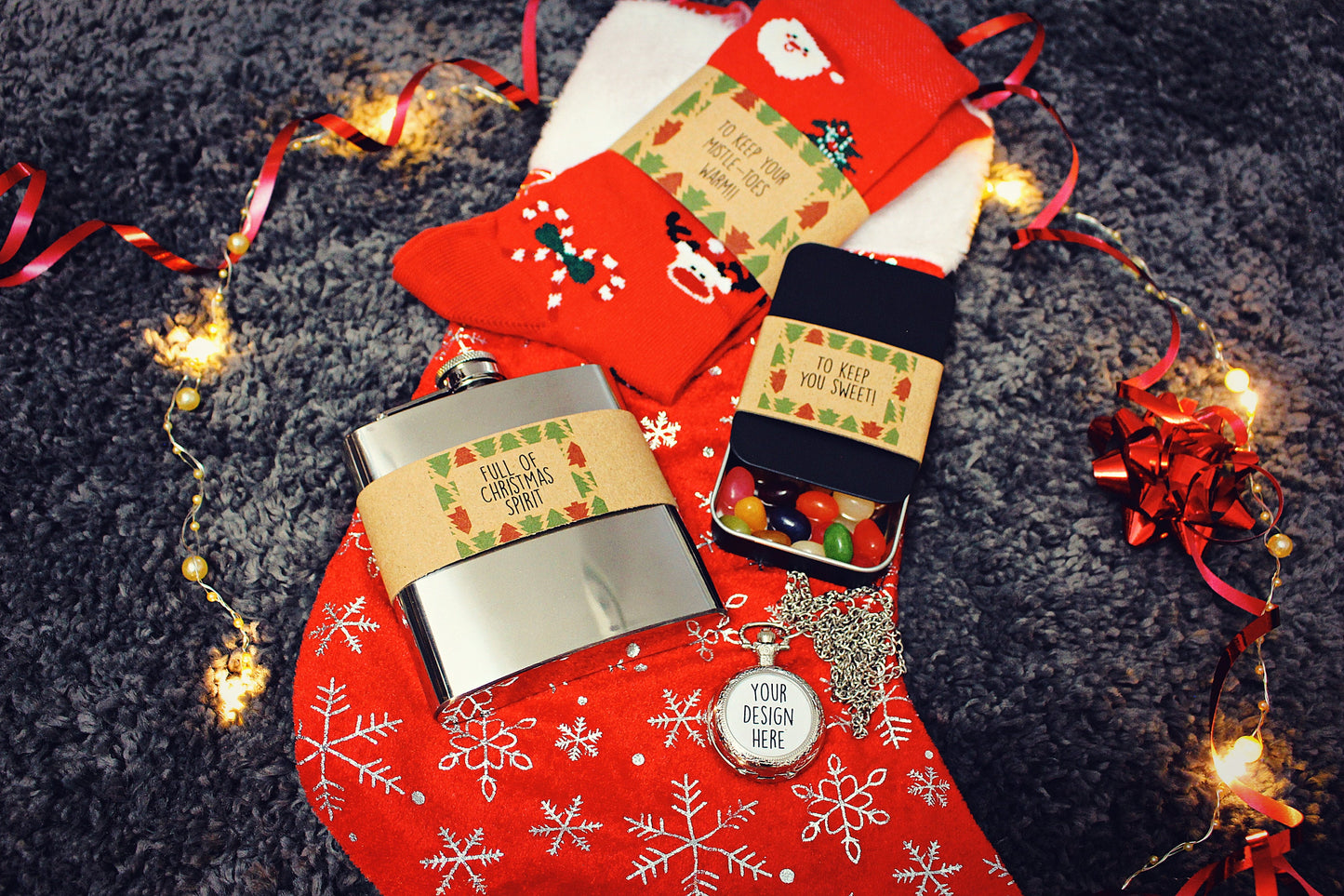 Filled Christmas Stockings for him and her Pre Stuffed Xmas Stocking Hip flask Socks Jewellery Sweets Bottle Opener Stopper Stocking Filler