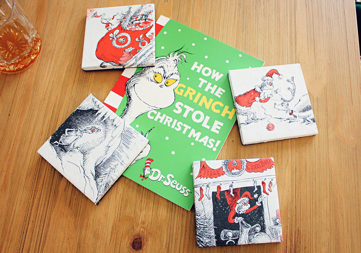 Recycled The Grinch Book Page Coasters Christmas table decor Humbug! Upcycled Festive placemat Stocking filler gift  Book Illustration