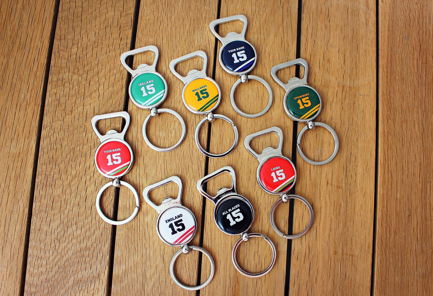Rugby Team Colours Bottle Openers Your team shirt with name and number Personalised sports jersey jewellery Gift for rugby union fan Alcohol