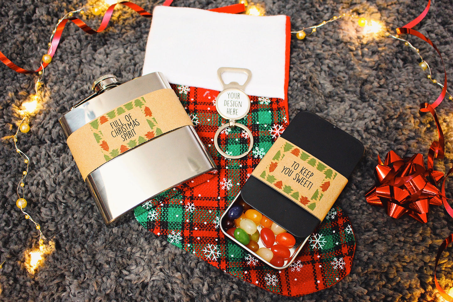 Filled Christmas Stockings for him and her Pre Stuffed Xmas Stocking Hip flask Socks Jewellery Sweets Bottle Opener Stopper Stocking Filler