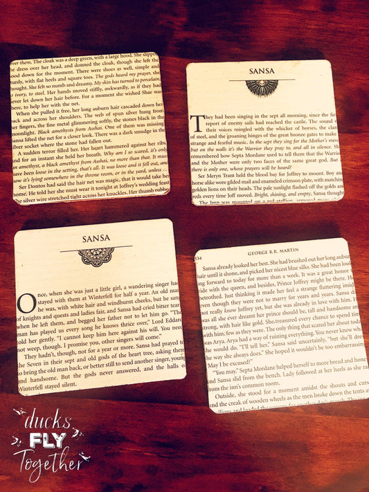 Pack of 4. Game of Thrones recycled book Coasters. GOT fan gift. Stark present. Jon, Bran, Sansa, Arya. Lannister. Jaime. Cersei. Tyrion.