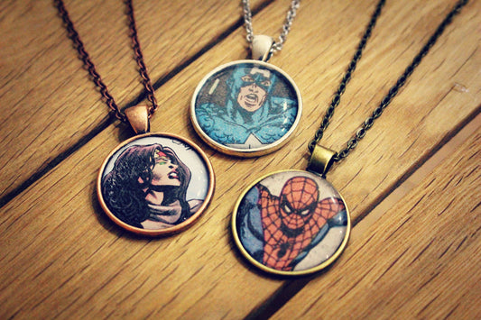 Comic Book Necklaces. Recycled cartoon pendants. Superhero jewellery. Book Page Gift. 80s 90s Retro Gift. Nostalgic accessories. Upcycled.