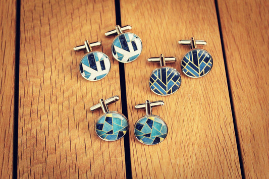 Geometric Cufflinks. Modern Stylish Wedding Cufflinks. Contemporary Art. Any Artwork on male jewellery. Tie Bar Pocket Watch. Blue Abstract