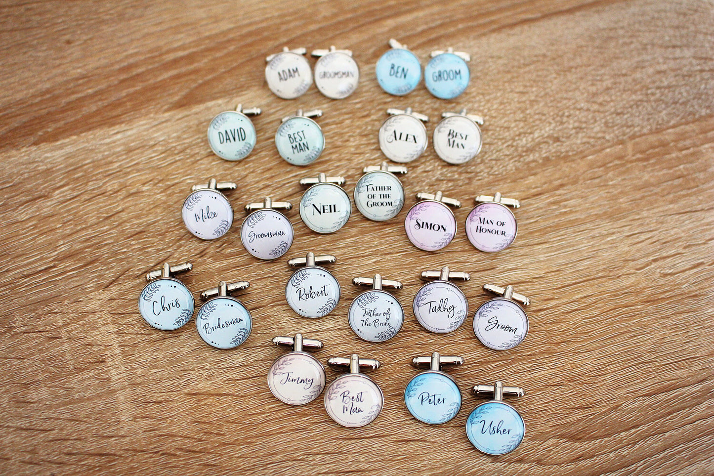 Groomsmen Personalised Cufflinks. Pastels Floral Colourful. Match colour with Groom suit. Best Man Father of the Bride. Calligraphy Names.