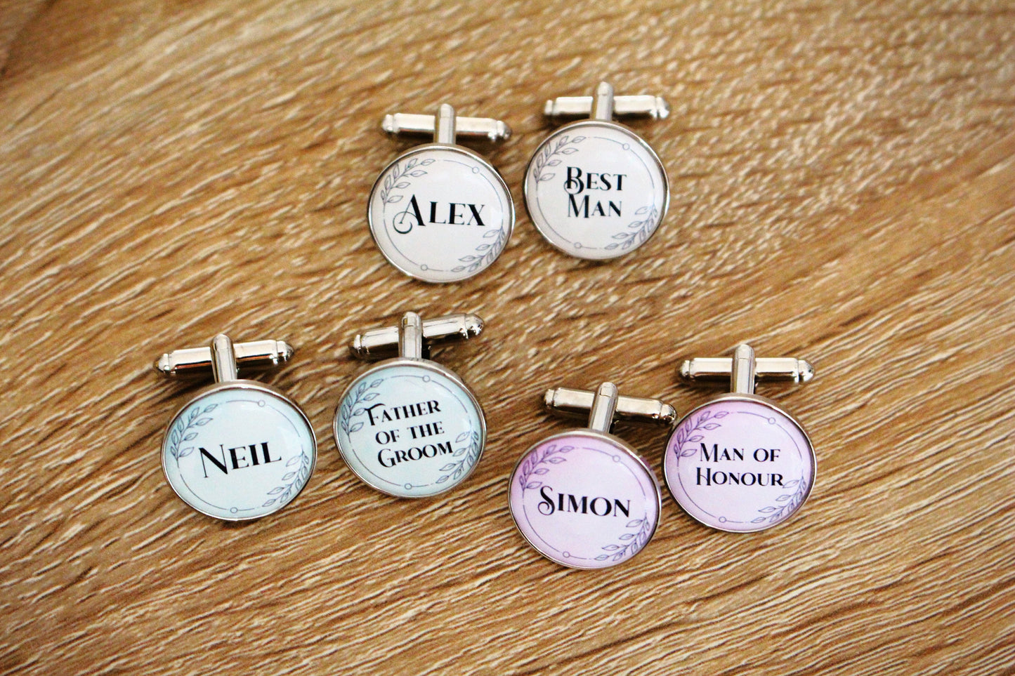 Groomsmen Personalised Cufflinks. Pastels Floral Colourful. Match colour with Groom suit. Best Man Father of the Bride. Calligraphy Names.