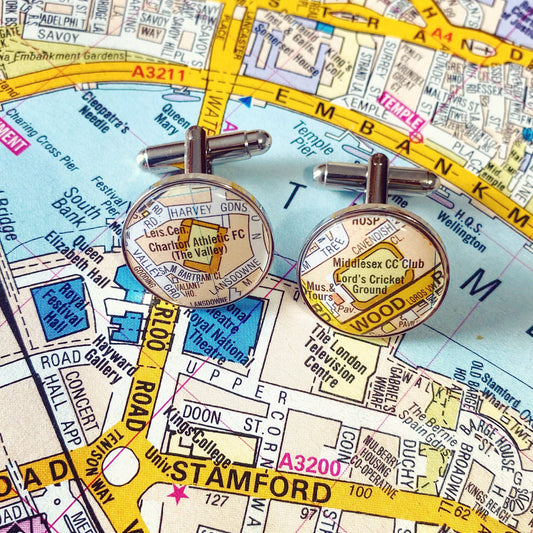 Recycled Map Cufflinks! Bespoke cufflinks using old road maps - Football stadium cufflinks - Home town Cufflinks, Pocket Watch, Tie Clip