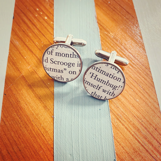 Scrooge cufflinks! Christmas Carol recycled book gift. Grinch. Ebenezer. Muppets. Charles Dickens. Novelty Xmas gift for him. Bah Humbug!
