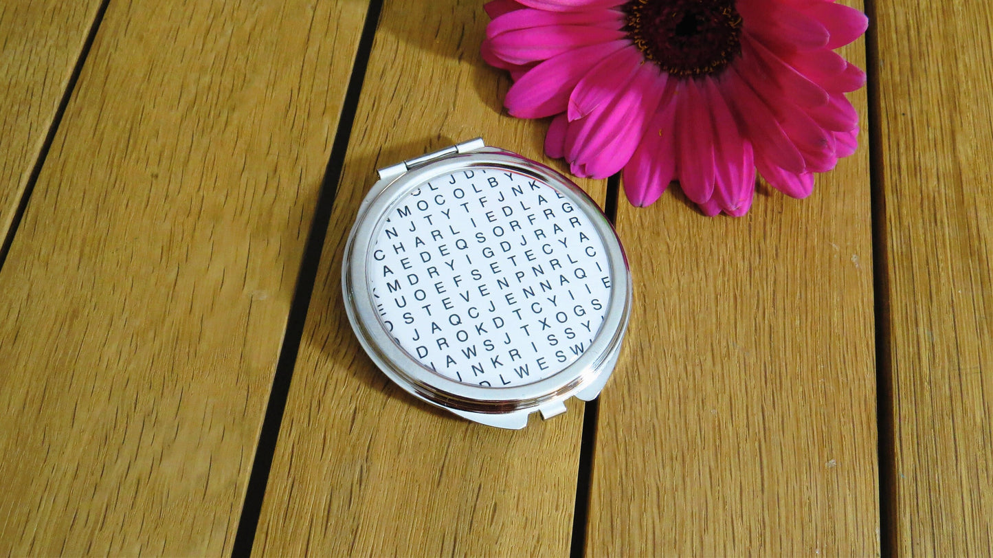 Personalised Wordsearch Mirror. Hidden Message Compact Mirror. Hand Mirror. Custom Pocket Mirror Bridesmaid. Mothers Day Gift. Gift for Mum.