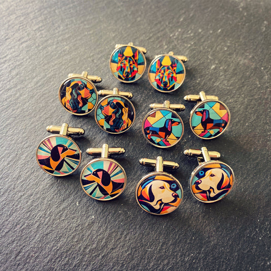Geometric Pet Cufflinks. Dog gifts. Daschund. Labrador. Cocker Spaniel. German Shepherd. Pug. Golden Retriever. Bulldog. Colourful Groom.