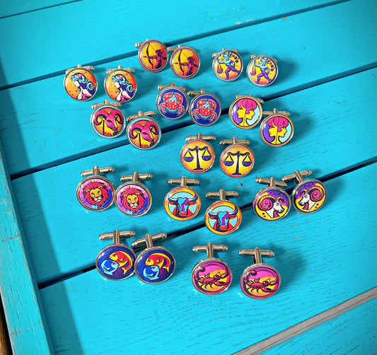 Horoscope Symbol Cufflinks. Zodiac Sign Jewellery. Astrology Gift. Pop Art Colourful Groom.Aries Leo Libra Cancer Virgo Pisces Gemini Taurus