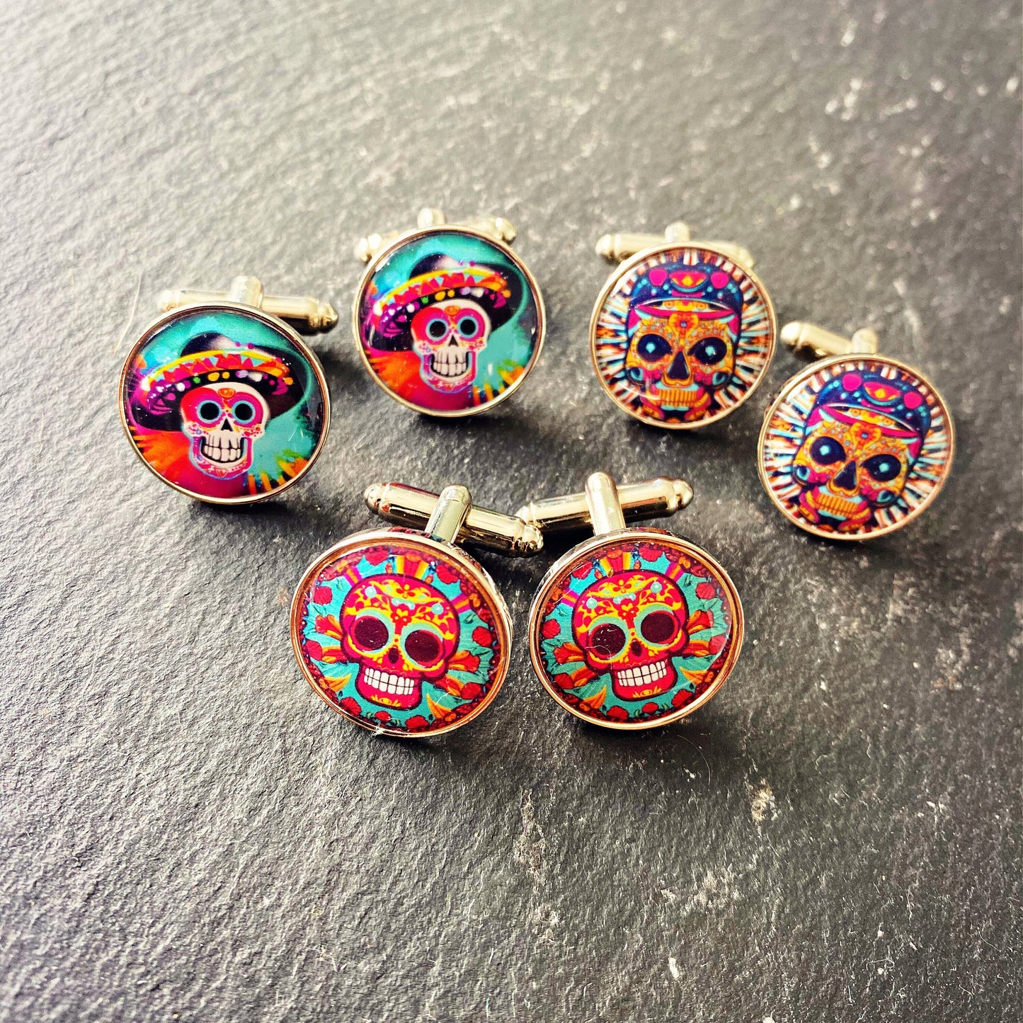 Day of the Dead Skull Cufflinks. Día de los Muertos Mexican Skull Colourful Pop Art Jewellery. Vibrant Bold Calaveras & Calacas. Sugar Skull