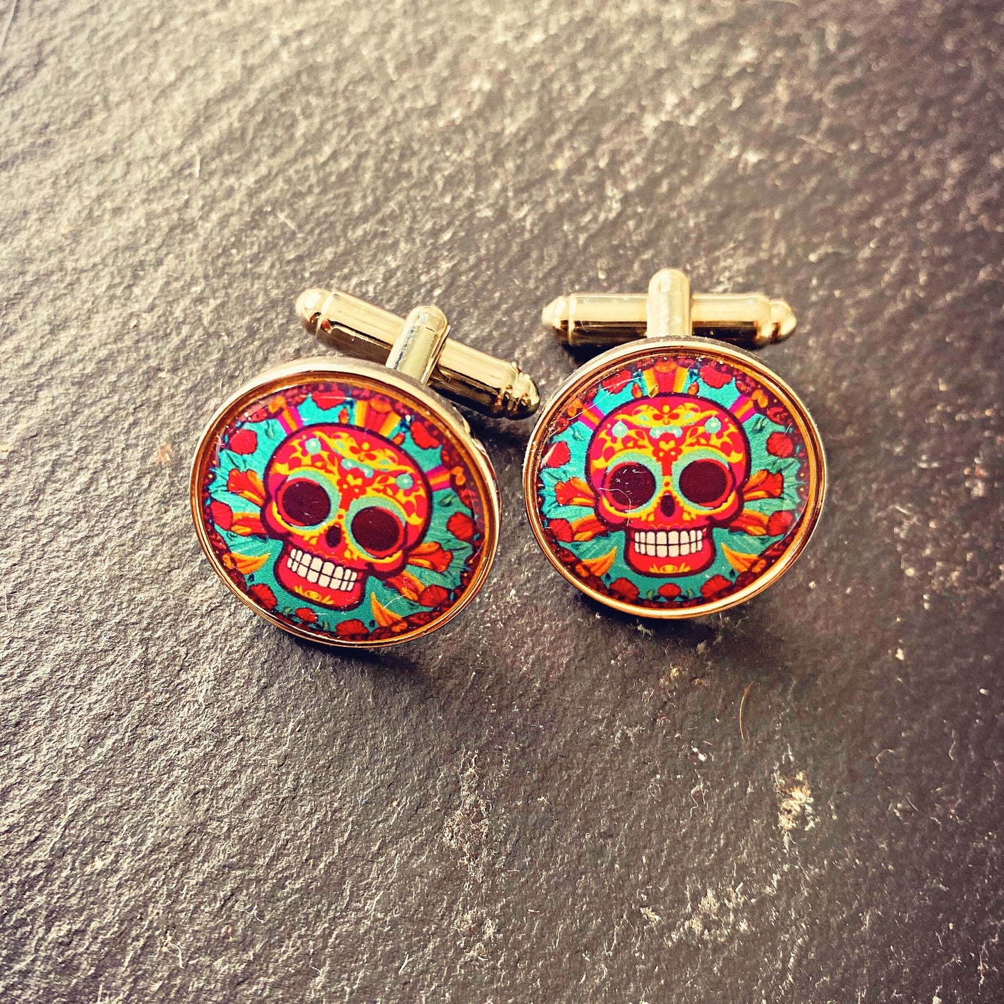 Day of the Dead Skull Cufflinks. Día de los Muertos Mexican Skull Colourful Pop Art Jewellery. Vibrant Bold Calaveras & Calacas. Sugar Skull