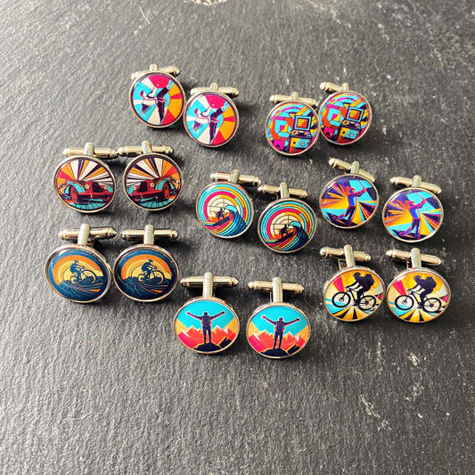 Hobbies Cufflinks. Colourful Geometric Gifts. Cyclist. Surfer. Rock Climbing. Runner. Karate. Gamer. Golfer. Wedding Cufflinks. Groomsmen.