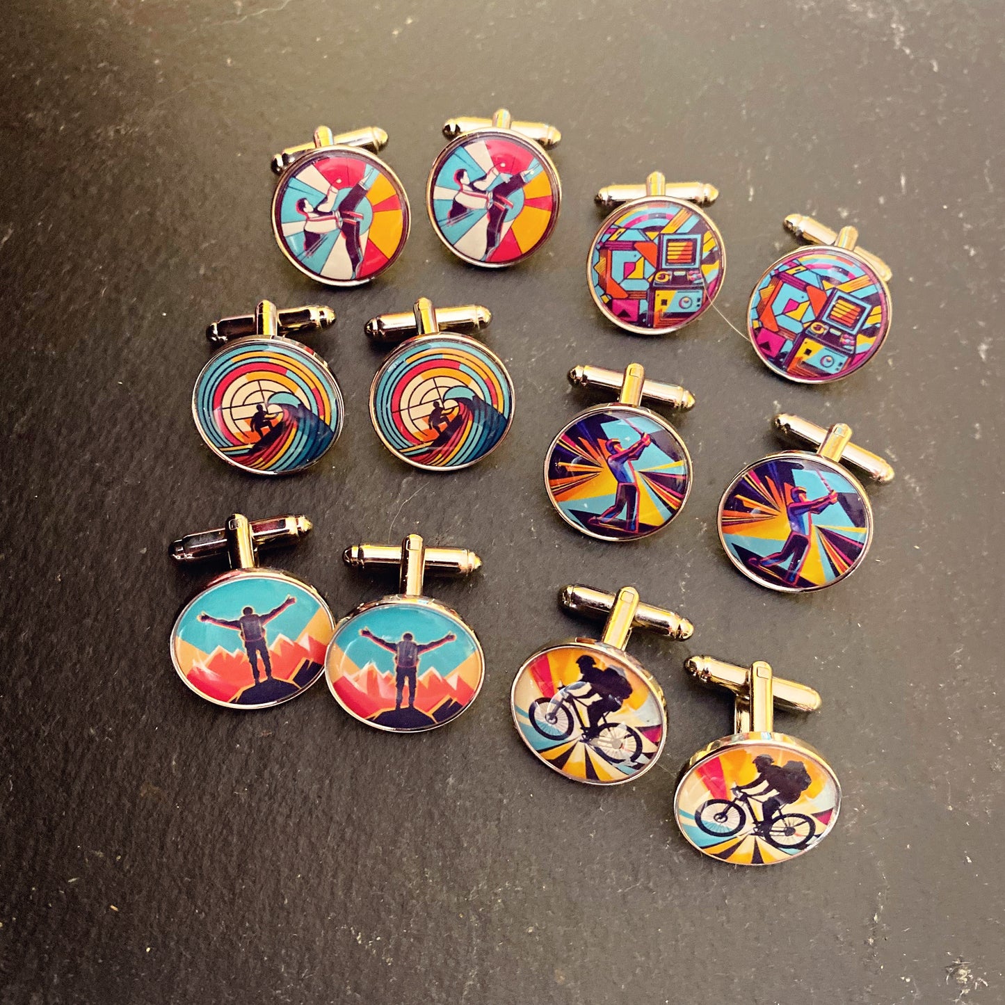 Hobbies Cufflinks. Colourful Geometric Gifts. Cyclist. Surfer. Rock Climbing. Runner. Karate. Gamer. Golfer. Wedding Cufflinks. Groomsmen.