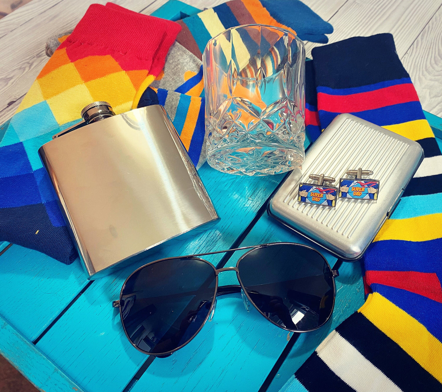 FATHERS DAY BOX. Personalised Gifts for Dad. Handmade Father's Day. Gift Box for Dad. Hip Flask. Socks. Sunglasses. Cufflinks. Glass. Watch.