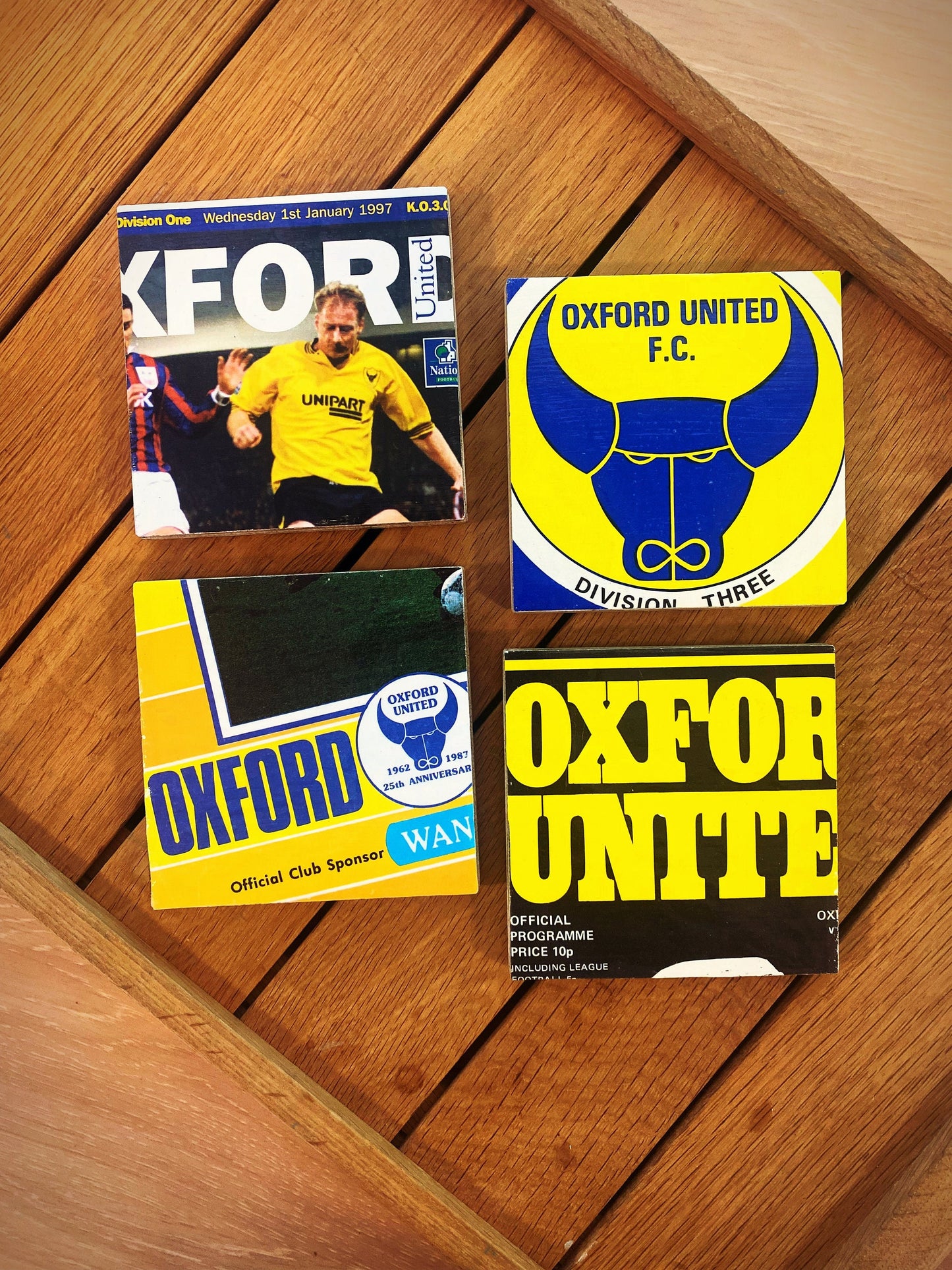 Vintage Oxford United Football Programme Coasters. Upcycled Football Gift. Man Cave Home Decor. Retro Football Gift for Dad.